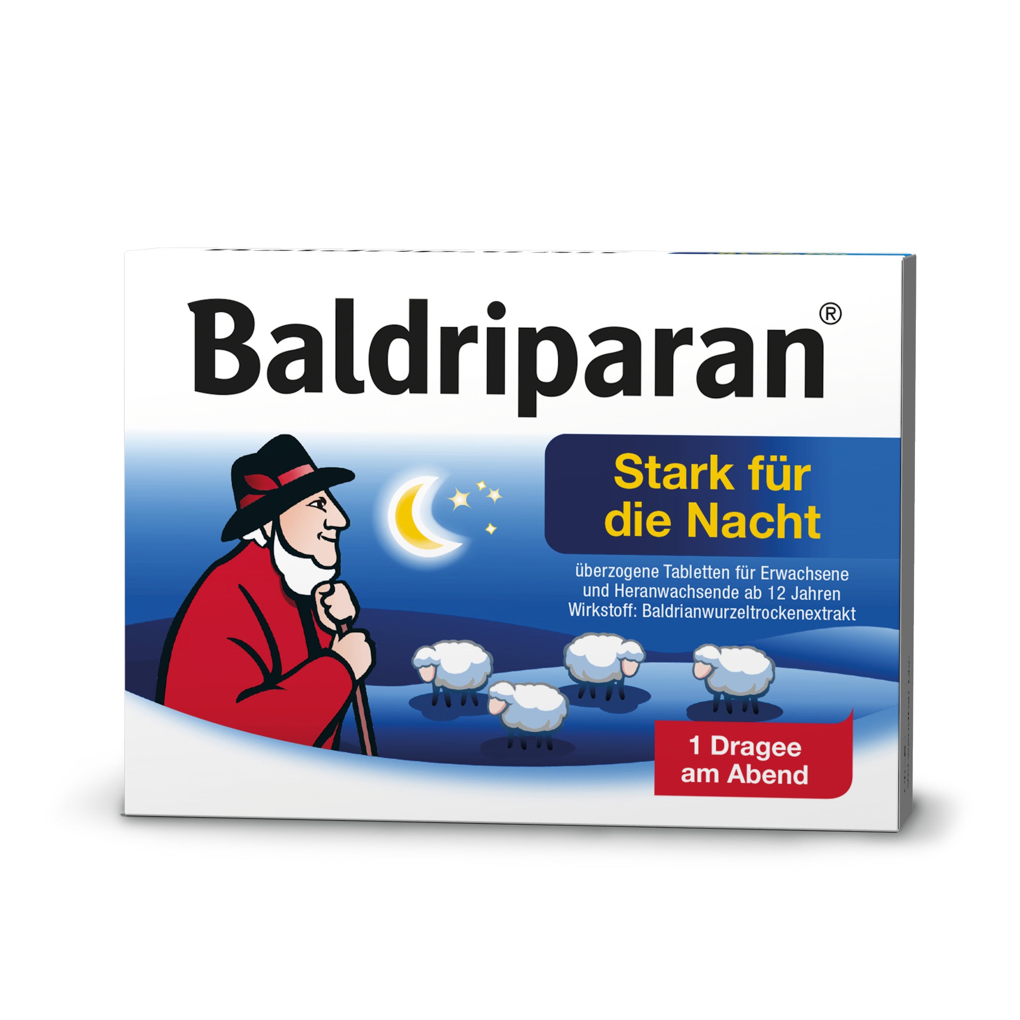 Verpackung „Baldriparan Stark für die Nacht“. Weiß-blaue Schachtel mit Schäfer in rotem Mantel, Schafen und Mondsymbol. Text: „1 Dragée am Abend“. Enthält Baldrianwurzelextrakt zur Unterstützung bei Schlafstörungen.