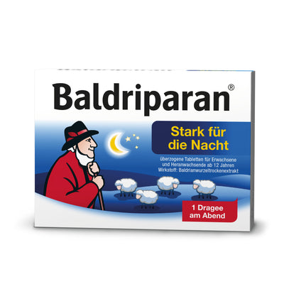 Verpackung „Baldriparan Stark für die Nacht“. Weiß-blaue Schachtel mit Schäfer in rotem Mantel, Schafen und Mondsymbol. Text: „1 Dragée am Abend“. Enthält Baldrianwurzelextrakt zur Unterstützung bei Schlafstörungen.