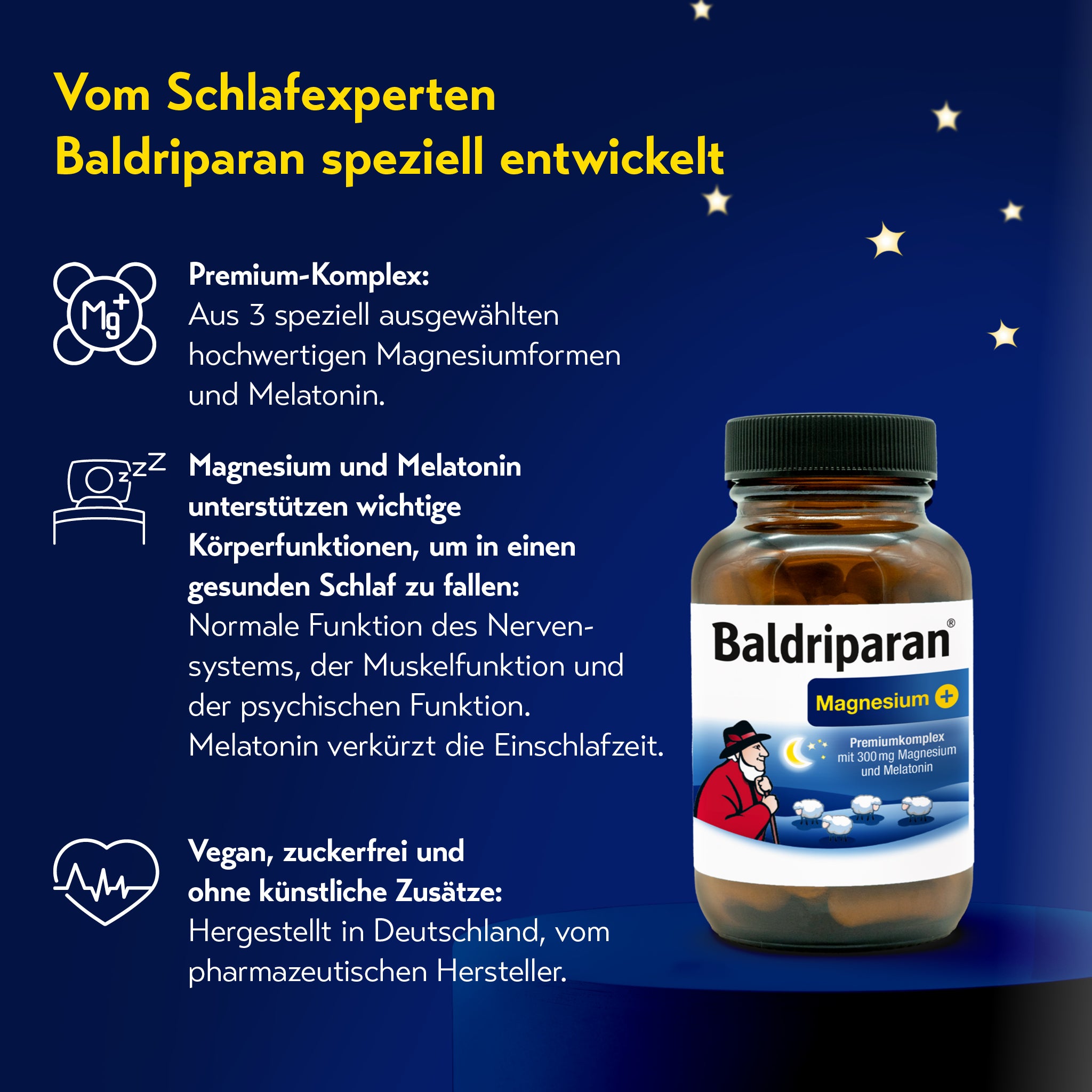 Werbegrafik mit Nachthimmel und Sternen, Text: „Von der Expertenmarke Baldriparan speziell entwickelt“. Rechts Baldriparan Magnesium+ Flasche. Links Infos zu Magnesium-Komplex, Unterstützung für Schlaf, vegan, zuckerfrei, ohne künstliche Zusätze.