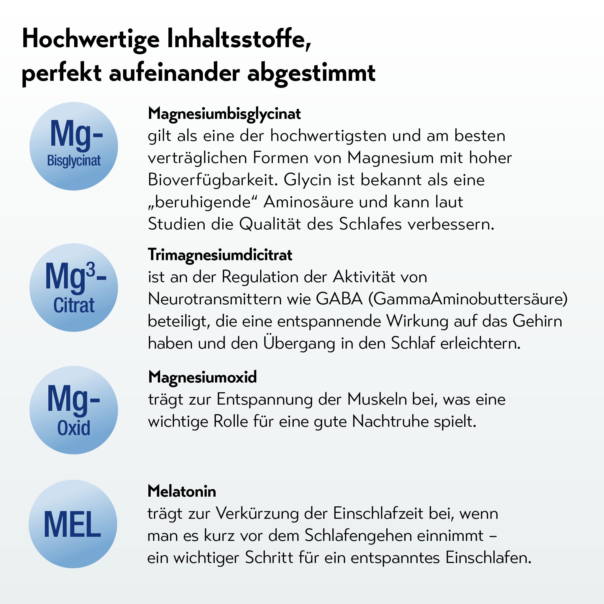 Grafik zu Inhaltsstoffen von Baldriparan Magnesium+: Magnesiumbisglycinat, Trimagnesiumdicitrat, Magnesiumoxid und Melatonin. Erklärung zu Funktionen: Schlafqualität, Nerven, Muskelentspannung, Verkürzung der Einschlafzeit.