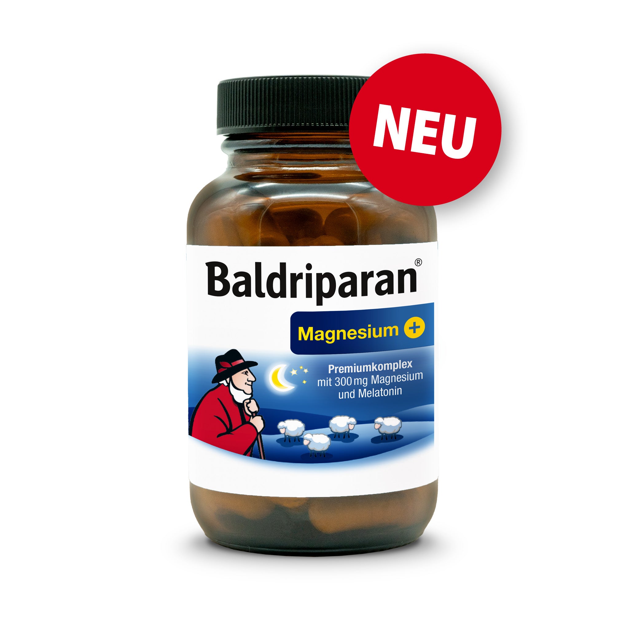 Braunes Glas mit Etikett ‚Baldriparan Magnesium +‘. Illustration Schäfer mit Schafen, Text: Premiumkomplex mit 300 mg Magnesium und Melatonin. Rotes Siegel ‚NEU‘ oben rechts.