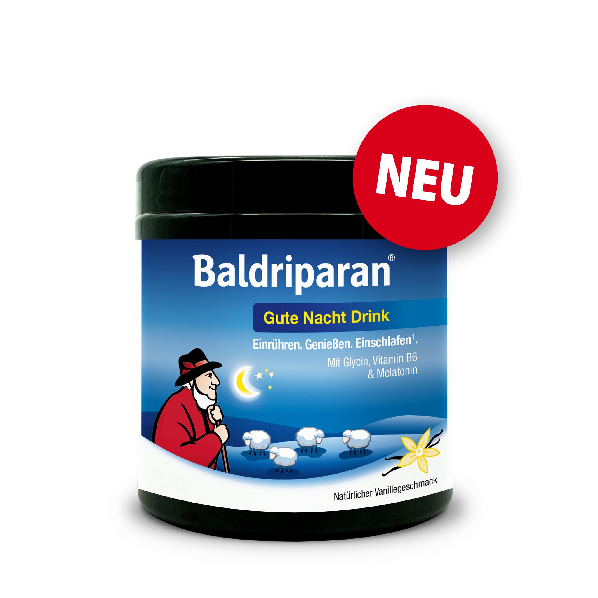 Produktabbildung von Baldriparan Gute Nacht Drink mit blauem Etikett. Darauf sind ein schlafender Schäfer, Schäfchen, Mond und Sterne zu sehen. Text: „Neu – Baldriparan Gute Nacht Drink. Einrühren. Genießen. Einschlafen. Mit Glycin, Vitamin B6 & Melatonin.“