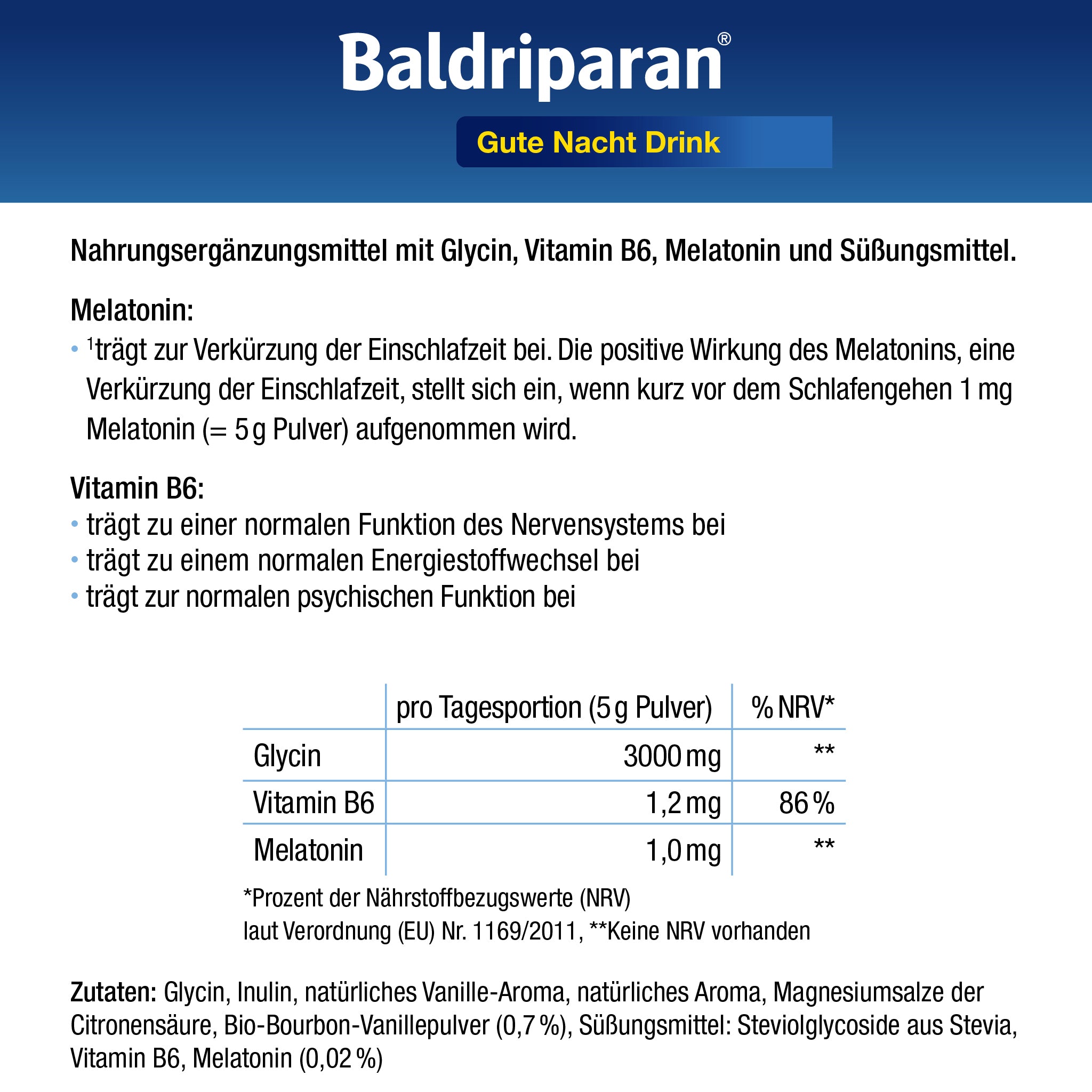 Infografik zu den Inhaltsstoffen und Nährwerten. Zeigt die Tagesportion: 5 g Pulver enthalten 3000 mg Glycin, 1,2 mg Vitamin B6 und 1 mg Melatonin. Unten stehen die Zutatenliste und rechtliche Hinweise. Überschrift: „Baldriparan Gute Nacht Drink – Nahrungsergänzungsmittel.“