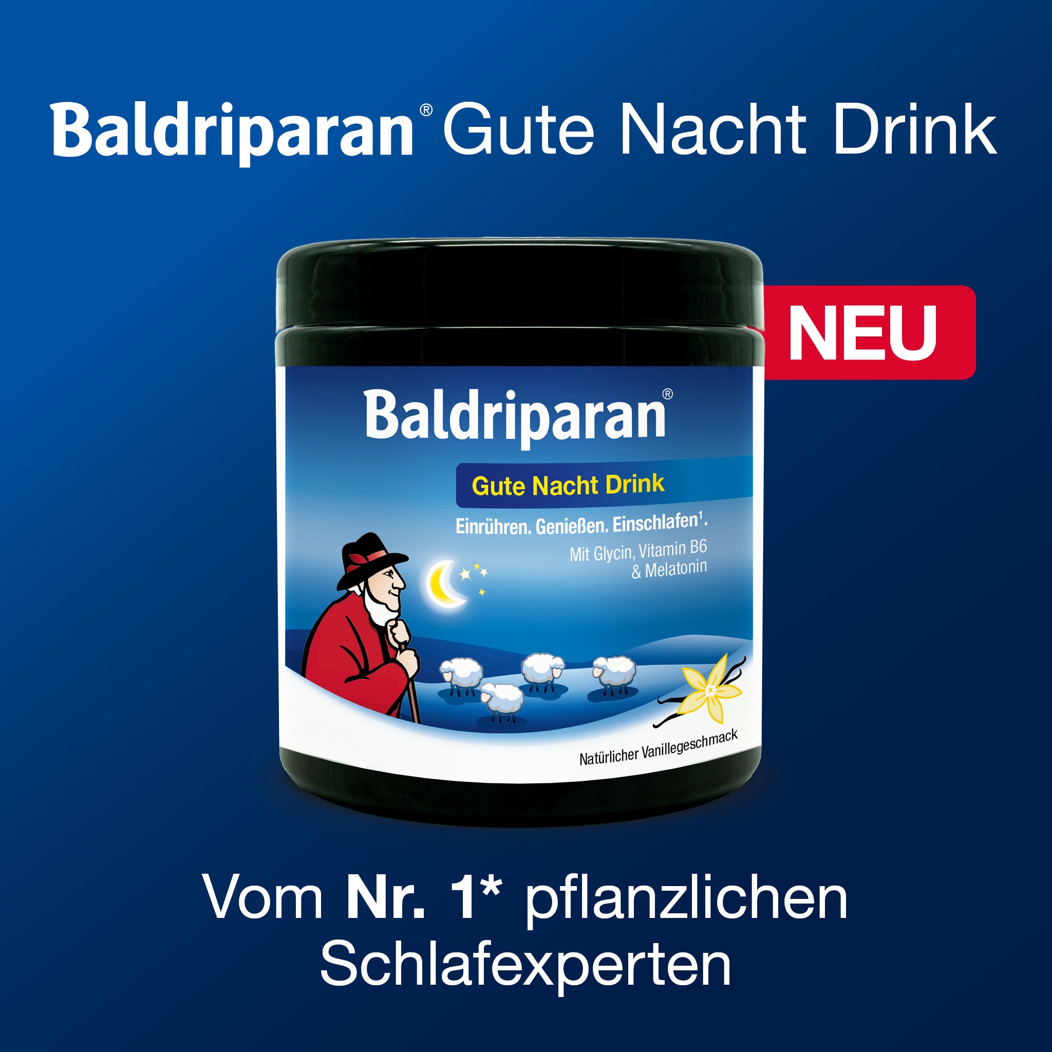 Produktabbildung mit blauem Hintergrund. Dose Baldriparan Gute Nacht Drink mit „Neu“-Kennzeichnung und Text: „Vom Nr. 1 pflanzlichen Schlafexperten.“ Das Design betont den natürlichen Vanillegeschmack und die schlaffördernde Wirkung.