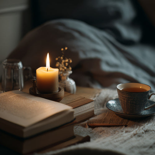 Stimmungsvolles Schlafzimmermotiv mit Buch, brennender Kerze und Teetasse auf einem Nachttisch. Warmes Licht schafft eine beruhigende Atmosphäre und steht für Entspannung am Abend.