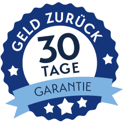Rundes blau-weißes Siegel mit der Aufschrift „Geld-zurück 30 Tage Garantie“. In der Mitte steht groß die Zahl 30, umgeben von Sternsymbolen.