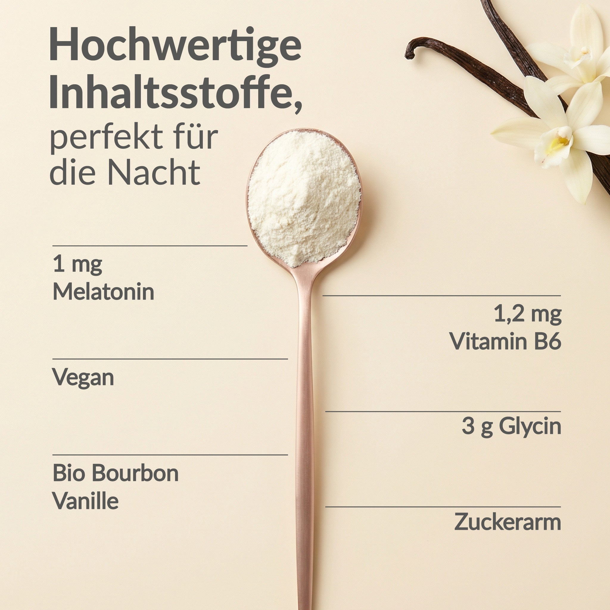 Baldriparan Gute Nacht Drink – Löffel mit Pulver und Übersicht der hochwertigen Inhaltsstoffe: 1 mg Melatonin, 1,2 mg Vitamin B6, 3 g Glycin, Bio Bourbon Vanille, vegan und zuckerarm