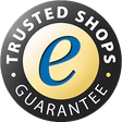 Trusted Shops Guarantee badge with black ring, blue circle, and yellow 'e', featuring 'TRUSTED SHOP GUARANTEE'.
