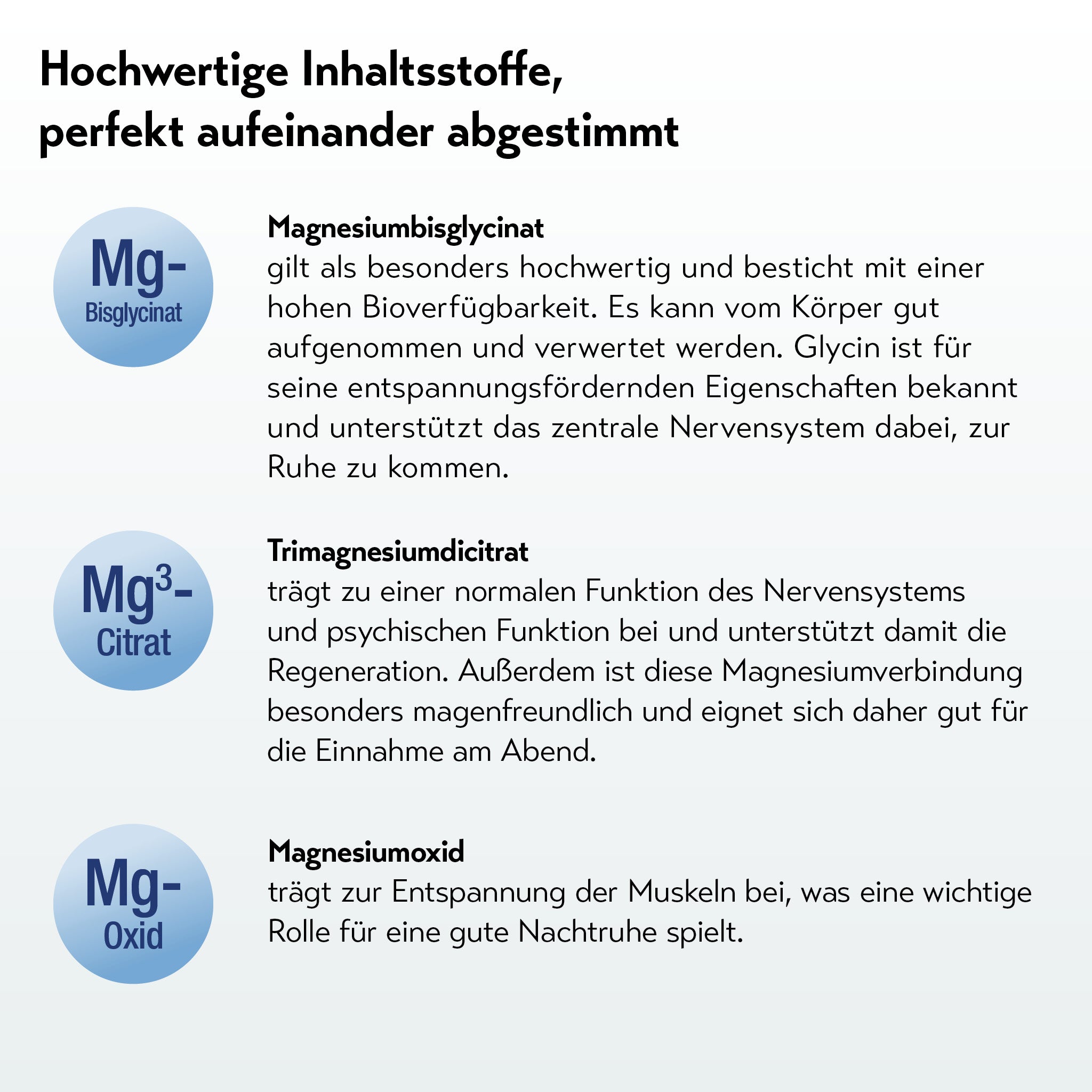 Infografik zu Inhaltsstoffen: Magnesiumbisglycinat, Trimagnesiumdicitrat und Magnesiumoxid. Erklärungen zu Wirkung, Bioverfügbarkeit, Regeneration und Unterstützung von Muskeln und Nervensystem. Textüberschrift: „Hochwertige Inhaltsstoffe“.