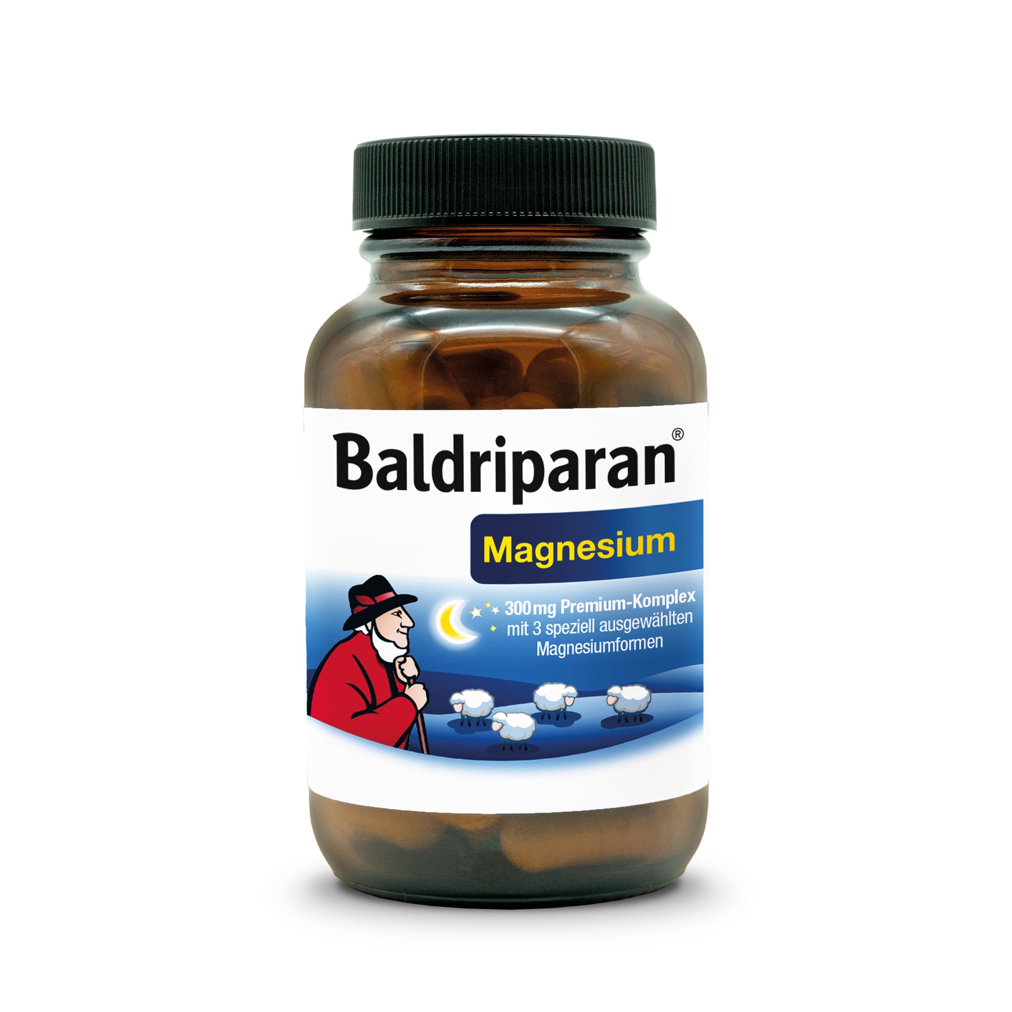 Braunes Glas mit Schraubdeckel, Etikett mit Aufschrift ‚Baldriparan Magnesium‘, Illustration eines Schäfers mit Schafen unter Sternenhimmel; Nahrungsergänzungsmittel mit 300 mg Premium-Magnesiumkomplex.