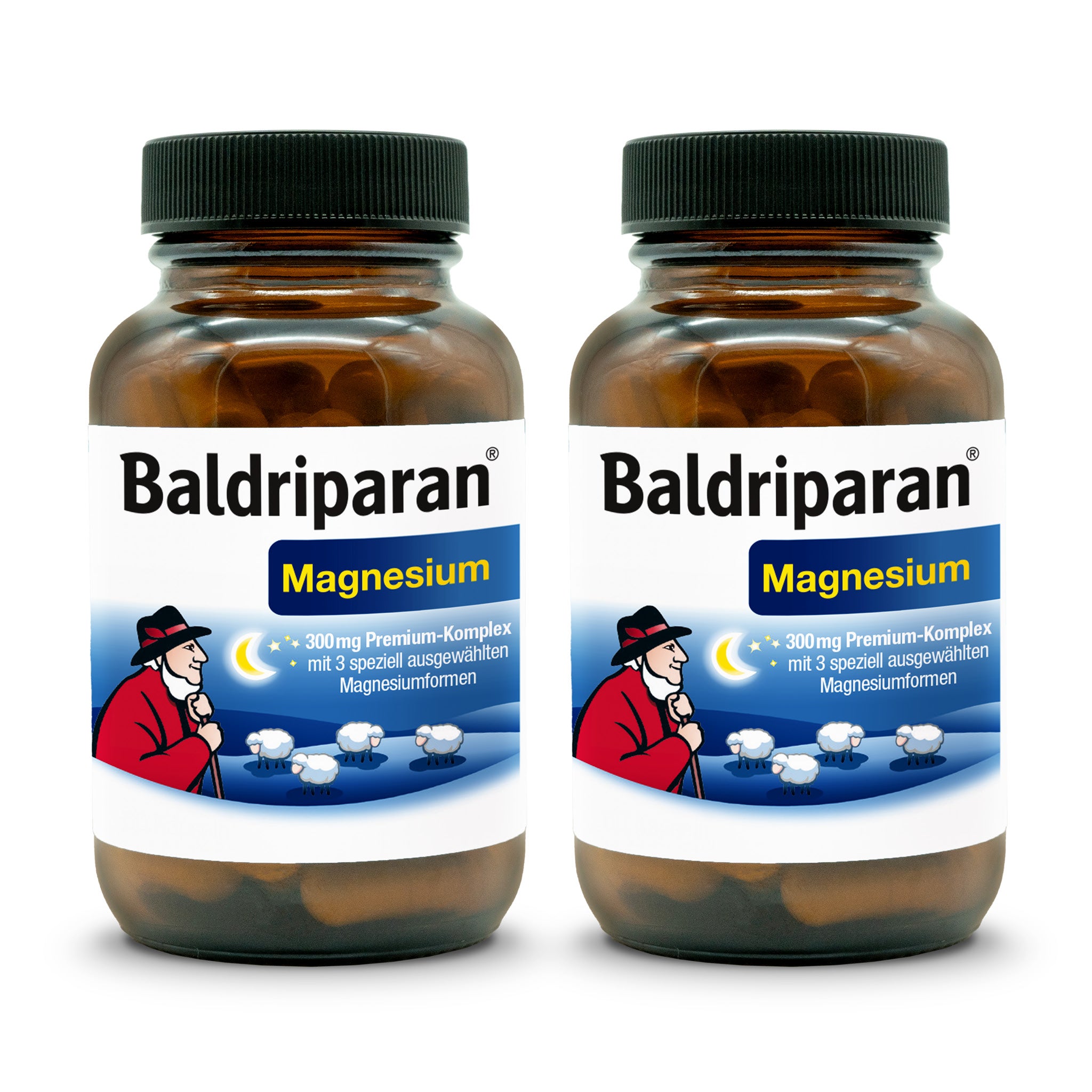 Zwei nebeneinanderstehende Flaschen Baldriparan Magnesium+. Braune Glasflaschen mit schwarzem Deckel und Etikett: „300 mg Premium-Komplex mit 3 ausgewählten Magnesiumformen“. Aufdruck mit Schäfer und Schafen.