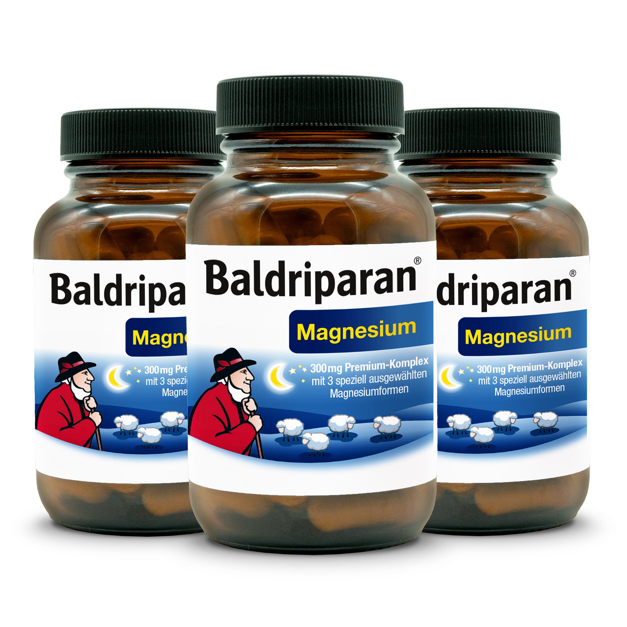 Drei Baldriparan Magnesium+-Flaschen nebeneinander. Etikett zeigt Schäfer in Rot, Schafe und Mond-Symbole. Text: „300 mg Premium-Komplex mit 3 speziell ausgewählten Magnesiumformen“. Braune Flaschen mit schwarzem Deckel.