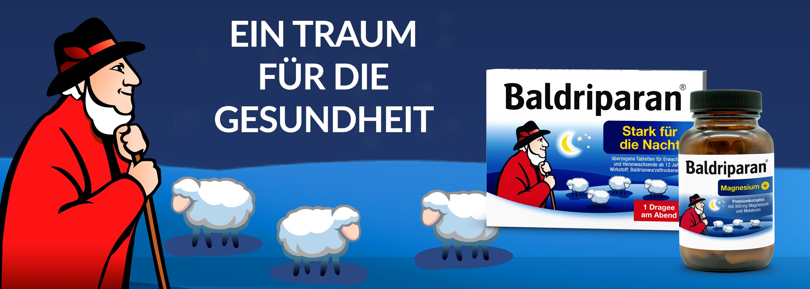 Werbebanner für Baldriparan. Links ein gezeichneter Schäfer in Rot mit Schafen, rechts die Produkte „Baldriparan Stark für die Nacht“ und „Baldriparan Magnesium+“. Text: „Ein Traum für die Gesundheit“.