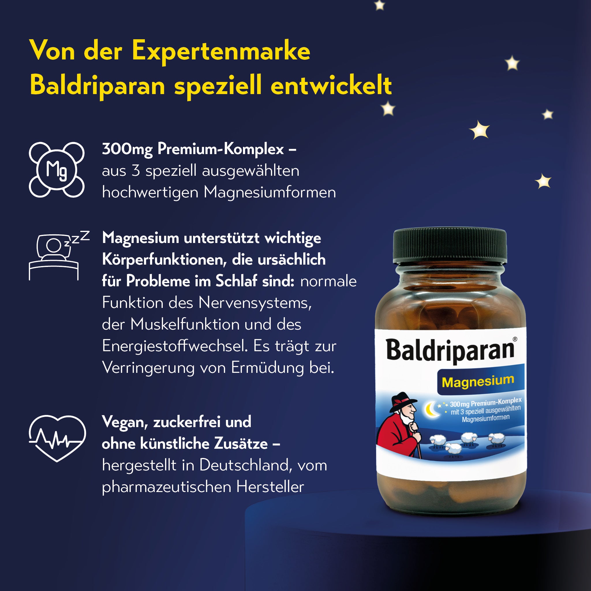 Werbegrafik für Baldriparan Magnesium. Braunes Glas mit Etikett ‚Baldriparan Magnesium‘. Text: 300 mg Premium-Komplex aus 3 Magnesiumformen, unterstützt Nerven, Muskeln, Energiestoffwechsel und Schlaf. Vegan, zuckerfrei, ohne künstliche Zusätze.