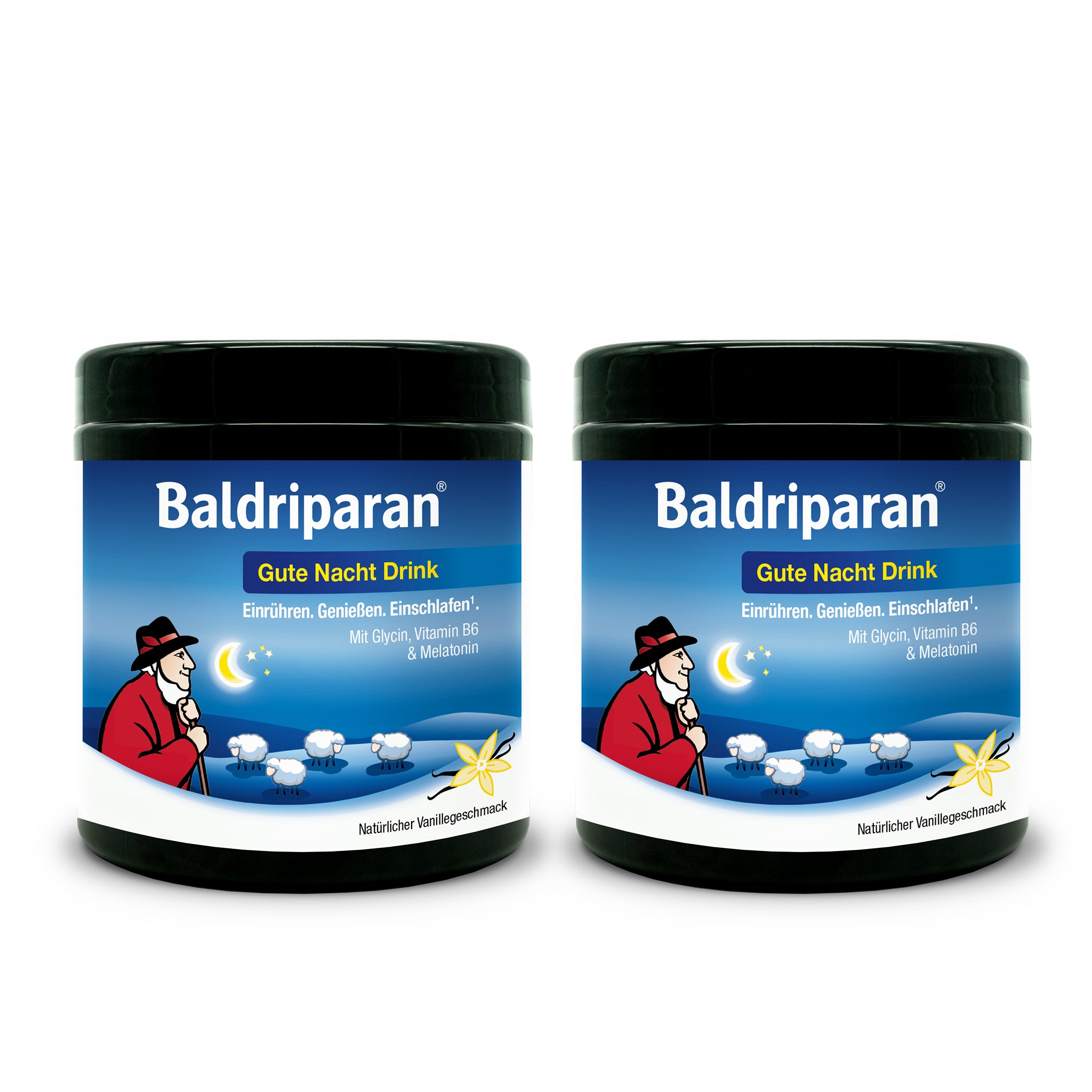 Freigestelltes Produktfoto von zwei schwarzen Dose Baldriparan Gute Nacht Drink mit blauem Etikett, Schäfer und Schäfchen-Motiv. Text: „Einrühren. Genießen. Einschlafen. Mit Glycin, Vitamin B6 & Melatonin. Natürlicher Vanillegeschmack.“
