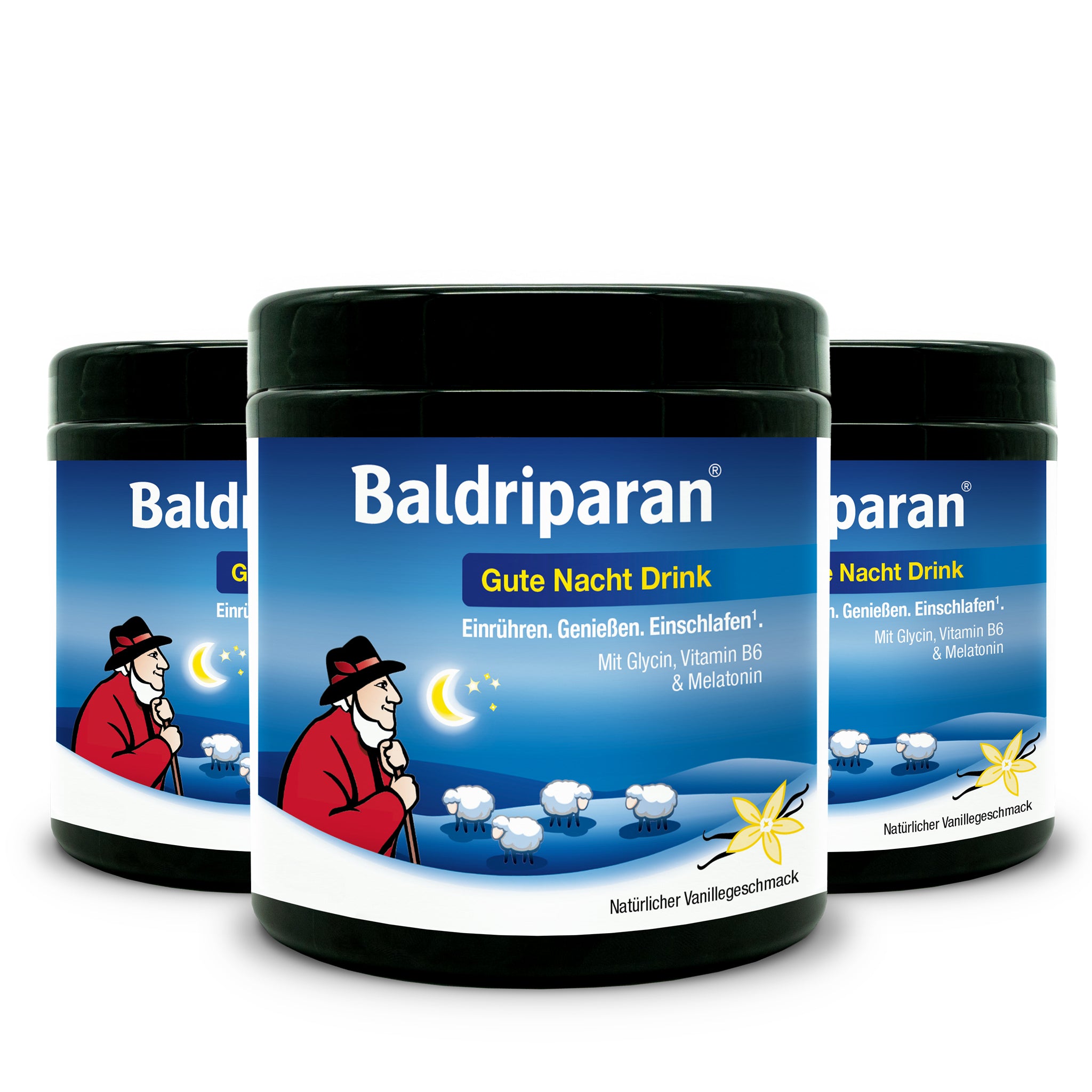 Freigestelltes Produktfoto von drei schwarzen Dosen Baldriparan Gute Nacht Drink mit blauem Etikett, Schäfer und Schäfchen-Motiv. Text: „Einrühren. Genießen. Einschlafen. Mit Glycin, Vitamin B6 & Melatonin. Natürlicher Vanillegeschmack.“