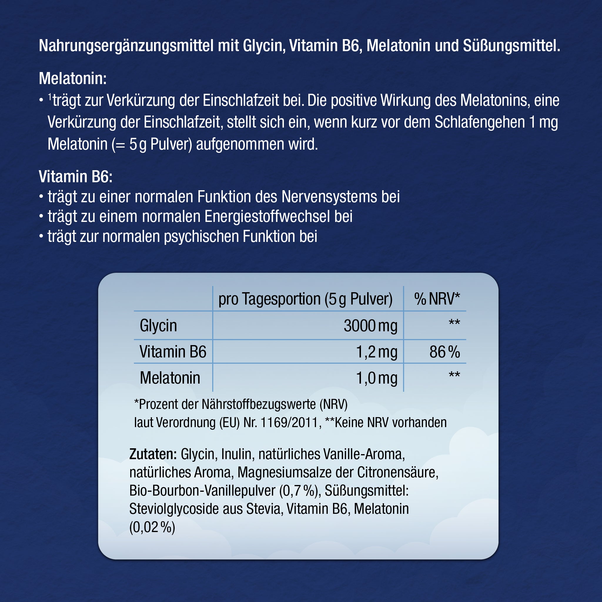 Produktinformation des Baldriparan Gute Nacht Drinks mit Glycin, Vitamin B6 und Melatonin: Nährwerttabelle zeigt 3000 mg Glycin, 1,2 mg Vitamin B6 (86 % NRV) und 1,0 mg Melatonin pro Tagesportion, inklusive Zutatenliste und Wirkungshinweisen.