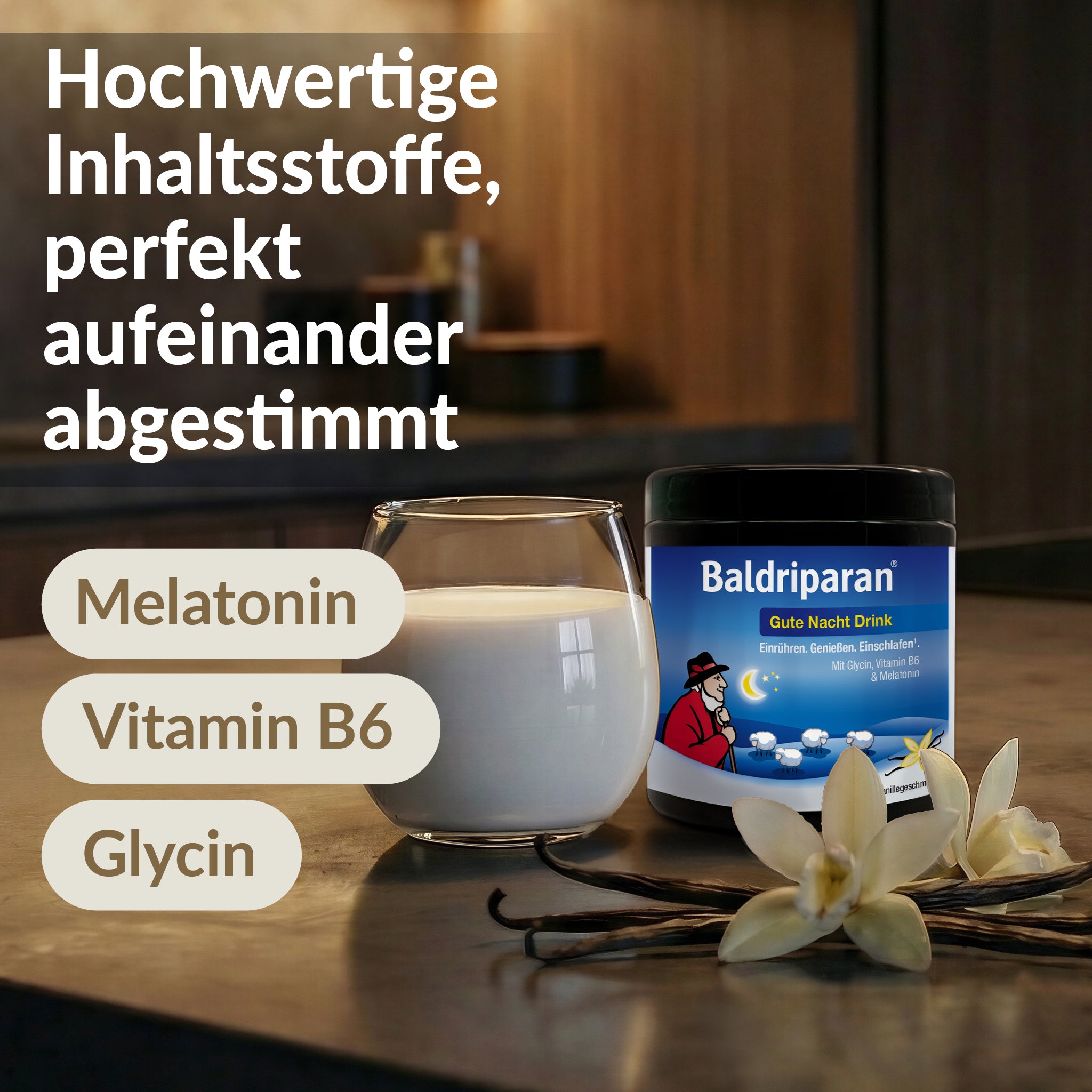 Hochwertige Inhaltsstoffe perfekt aufeinander abgestimmt: Melantonin, Vitamin B6, Glycin, Baldriparan Gute Nacht Drink in der Küche