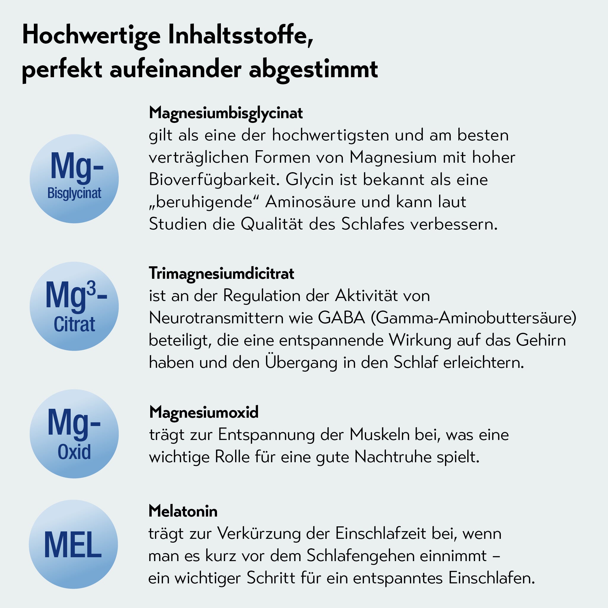 Hochwertige Inhaltsstoffe, perfekt aufeinander abgestimmt: Magnesiumbisglycinat – hochwertige, gut verträgliche Magnesiumform mit hoher Bioverfügbarkeit, verbessert Schlafqualität. Trimagnesiumdicitrat – reguliert Neurotransmitter wie GABA, erleichtert den Übergang in den Schlaf. Magnesiumoxid – entspannt Muskeln für bessere Nachtruhe. Melatonin – verkürzt die Einschlafzeit bei Einnahme kurz vor dem Schlafen