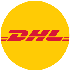 DHL logo with bold red italic letters and three horizontal lines on a bright yellow background.