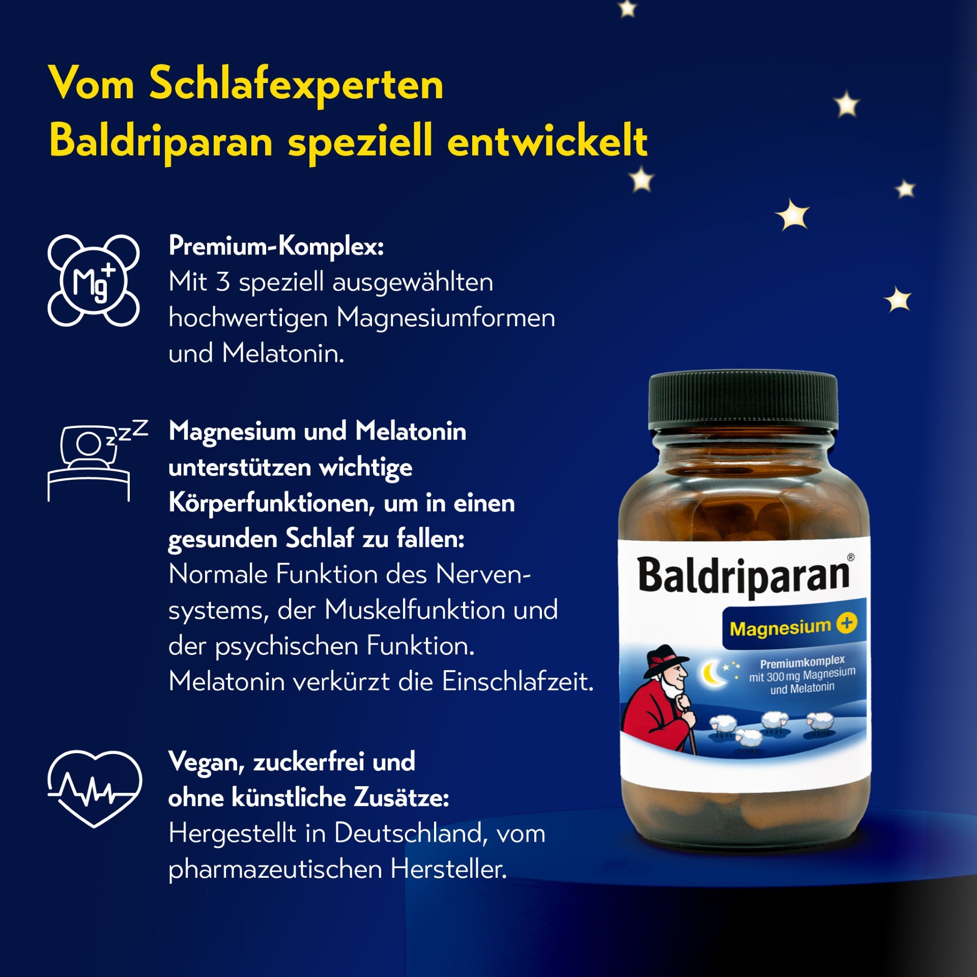 Werbegrafik mit Nachthimmel und Sternen, Text: „Von der Expertenmarke Baldriparan speziell entwickelt“. Rechts Baldriparan Magnesium+ Flasche. Links Infos zu Magnesium-Komplex, Unterstützung für Schlaf, vegan, zuckerfrei, ohne künstliche Zusätze.