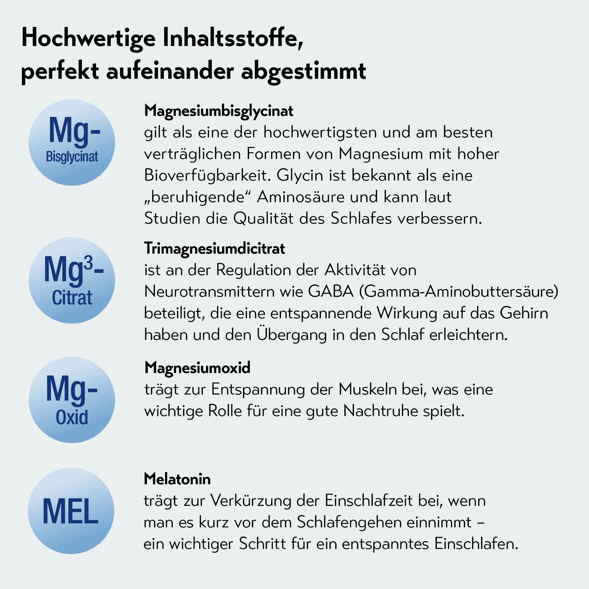 Grafik zu Inhaltsstoffen von Baldriparan Magnesium+: Magnesiumbisglycinat, Trimagnesiumdicitrat, Magnesiumoxid und Melatonin. Erklärung zu Funktionen: Schlafqualität, Nerven, Muskelentspannung, Verkürzung der Einschlafzeit.