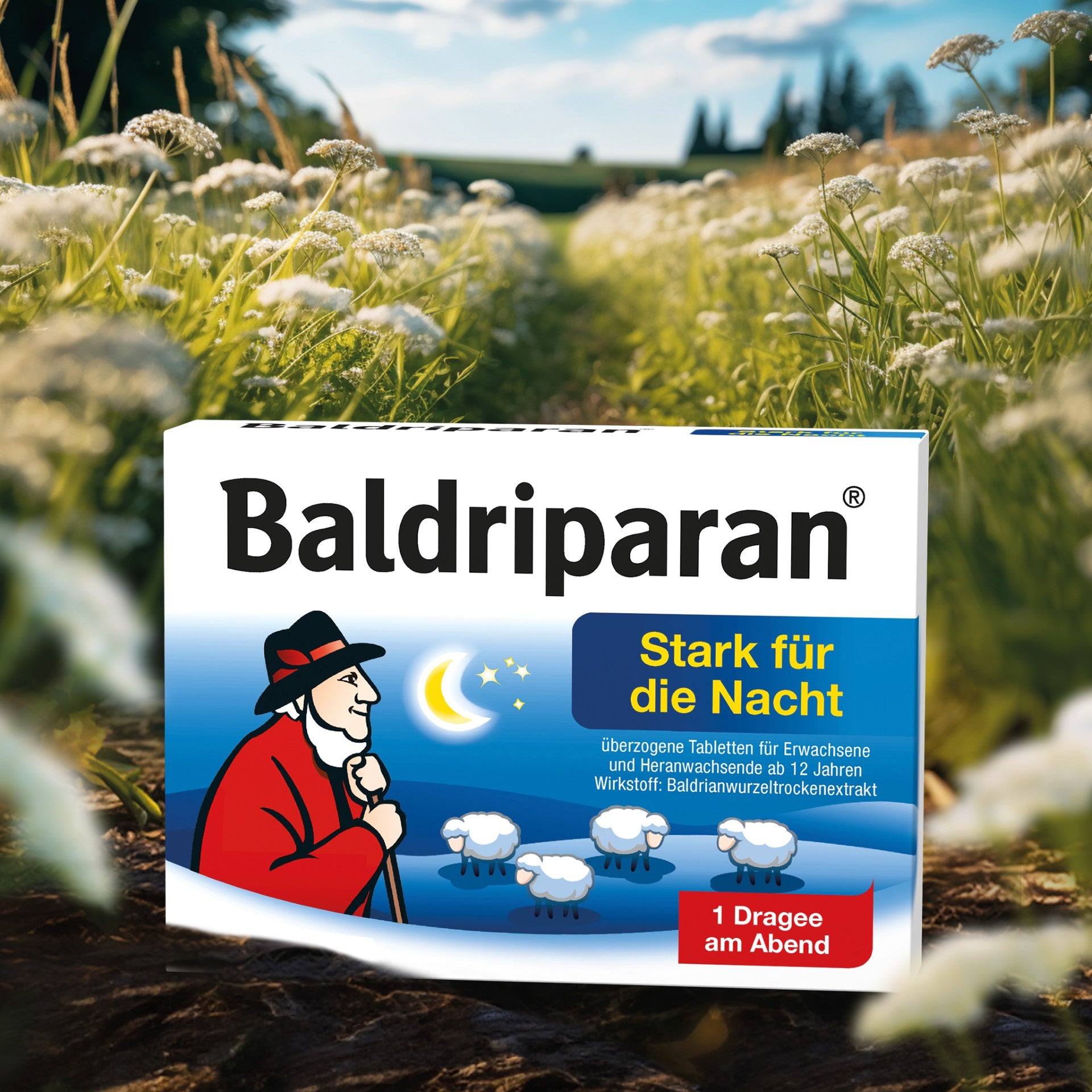 Verpackung von Baldriparan Stark für die Nacht in einer Blumenwiese. Zu sehen sind ein Hirte mit rotem Mantel, drei Schafe und ein Mond. Text: „Zur Beruhigung“ – enthält Baldrianwurzelextrakt.
